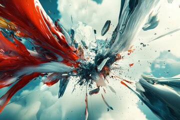 Poster - Dramatic abstract composition of red, white, and blue shards exploding against a cloudy sky, evoking themes of dynamism and transformation.