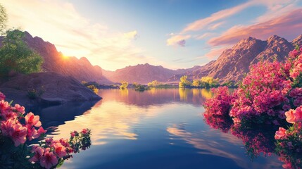 Poster - A peaceful oasis at sunrise, with desert mountains and vibrant flowering plants, reflecting in the calm waters for a tranquil nature scene perfect for travel and tourism.