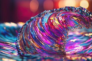 Poster - a mesmerizing abstract close-up showcasing iridescent water forming a wave, glowing vibrant colors t