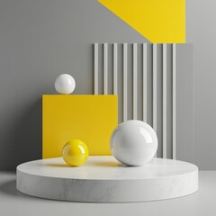 Poster - Abstract Geometric Composition with Spheres, Yellow Accents, and Modern Design Elements on a Marble Platform