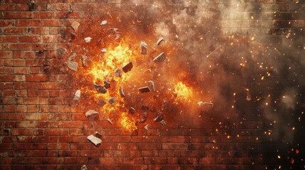 Poster - A red brick wall crumbling under the force of a dynamic explosion, with fiery debris scattering in all directions.