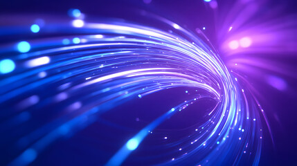 Poster - Abstract fiber optic cable bundle bright light, glowing flowing technology particle lines background 3D rendering