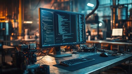 Poster - A rugged industrial workshop with exposed wires and metal panels, showcasing a robust computer screen displaying dynamic programming code, symbolizing tech operations.