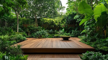 Poster - A serene garden with a wooden display platform amidst lush greenery, perfect for a calm, nature-inspired setting.