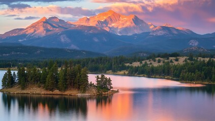 Poster - Beautiful mountain range reflecting over a serene lake at sunset in stunning light : Generative AI