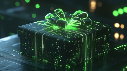 Poster - A sleek futuristic gift box with digital circuit designs and glowing green highlights, placed on a high-tech background.