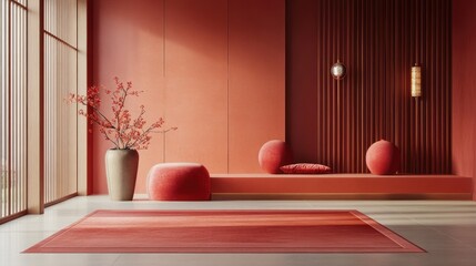 Poster - A sleek, minimalist home interior with a red color palette, showcasing Chinese New Year decorations, creating a clean, modern, and festive atmosphere.