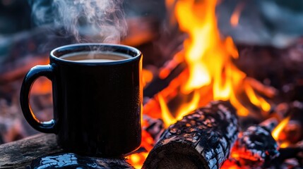 Poster - A steaming coffee mug placed on burning firewood, with glowing flames and crackling embers adding warmth to the scene.