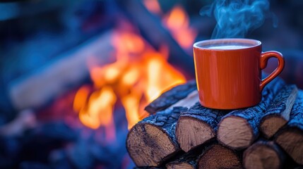 Poster - A steaming cup of coffee on a stack of burning firewood, with vivid flames flickering and a warm glow filling the space.