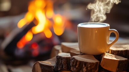 Poster - A steaming cup of coffee on a stack of burning firewood, with vivid flames flickering and a warm glow filling the space.