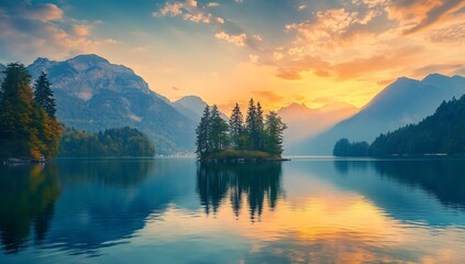 Poster - Breathtaking mountain landscape at sunset with tranquil lake and reflection of trees and sky : Generative AI