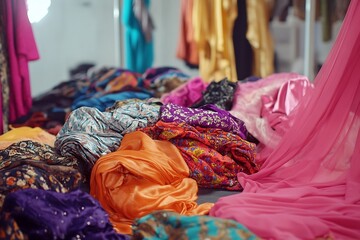 Poster - A vibrant display of colorful fabrics scattered across a floor capturing the essence of fashion and design creativity : Generative AI