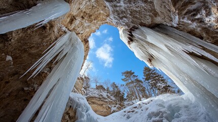 Poster - A stunning ice cave ceiling with clear blue sky peeking through, showcasing the natural beauty and formations of ice and rock.