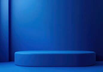 Poster - Smooth Oval Platform in a Simple Blue Room for Product Display and Photography Sessions
