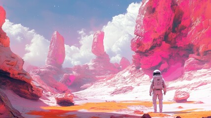 Poster - A surreal and vibrant alien landscape with pink and orange rock formations, as a futuristic astronaut explores the otherworldly terrain.