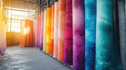 Aufkleber - A textile factory dyeing process, with large fabric rolls in a variety of bright colors, displaying the beauty of industrial fabric treatment.