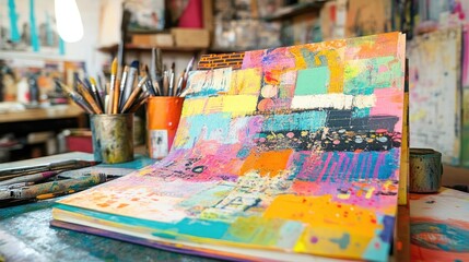 Poster - A vibrant art journal with a colorful collage and mixed media art, set on a creative workspace with artistic tools and bright lighting.