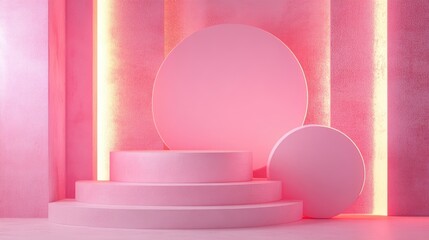 Poster - A vibrant minimal design featuring a bold pink backdrop, floating geometric shapes, and a textured podium softly illuminated to create depth and focus.