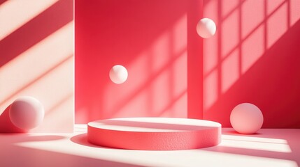 Poster - A vibrant minimal design featuring a bold pink backdrop, floating geometric shapes, and a textured podium softly illuminated to create depth and focus.