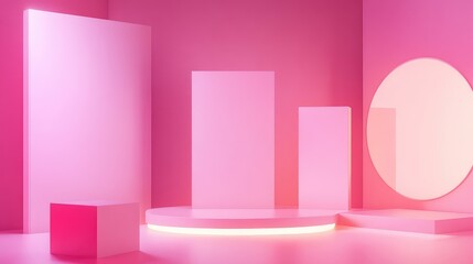 Poster - A vibrant, minimal design with a striking pink backdrop, floating geometric shapes, and a subtle illuminated podium, creating a modern and artistic atmosphere.