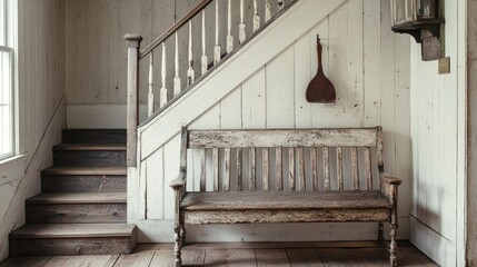Poster - A weathered wooden bench in a rustic farmhouse entryway, with a wooden staircase leading to the upper level.