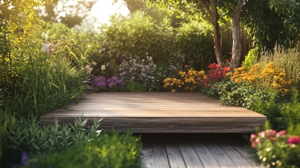 Poster - A wooden display platform set in a serene garden, surrounded by vibrant plants and flowers, symbolizing calm and natural beauty.