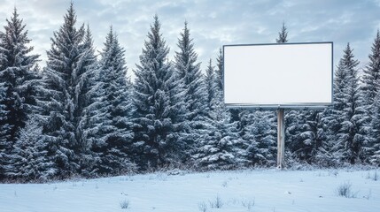Poster - A winter landscape with a blank billboard standing amidst snow-covered pine trees, offering a pristine advertising space.