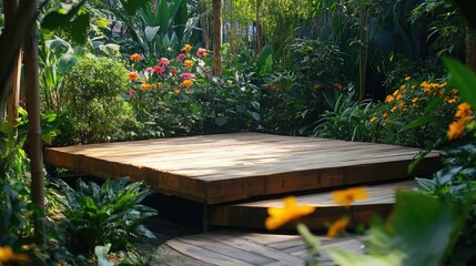 Poster - A wooden display platform set in a serene garden, surrounded by vibrant plants and flowers, symbolizing calm and natural beauty.