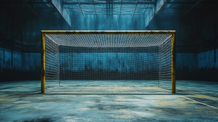 Poster - A worn soccer goal in an empty, grunge-filled indoor arena, setting a moody and intense scene for sports enthusiasts.