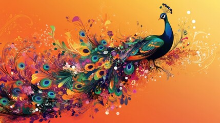 Poster - An abstract peacock with beautifully colored feathers and floral designs, creating a striking visual against a vivid orange background.