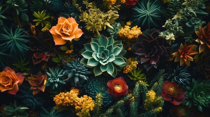 Poster - An artistic display of succulents and colorful flowers, highlighted against a dark background, creating a striking and modern home decor piece.