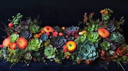 Aufkleber - An artistic display of succulents and colorful flowers, highlighted against a dark background, creating a striking and modern home decor piece.