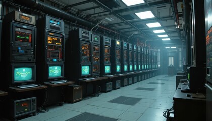 Poster - High-Tech Server Room with Multiple Computer Systems and Monitors
