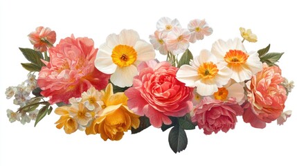 Poster - An elegant display of mixed flowers--roses, peonies, and daffodils--arranged in a lush bouquet, isolated on a transparent background to highlight their beauty.