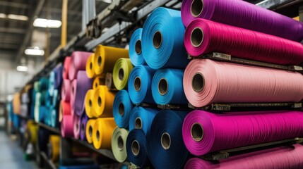 Poster - An industrial factory with vibrant rolls of fabric in a wide spectrum of colors, capturing the essence of textile dyeing in progress.