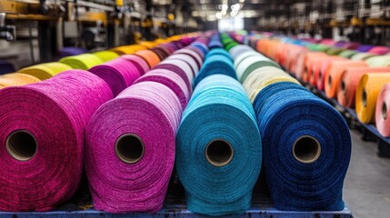 Poster - An industrial factory with vibrant rolls of fabric in a wide spectrum of colors, capturing the essence of textile dyeing in progress.