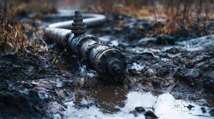 Aufkleber - An outdoor water pipe with a broken valve surrounded by mud and debris, capturing high detail of the damaged pipe in a rugged, natural environment.