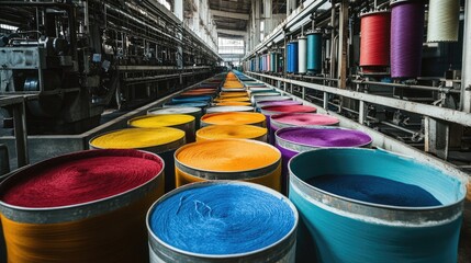 Poster - Brightly colored yarn in large barrels, surrounded by the industrial machinery of a textile dyeing factory, ready for the dyeing stage.