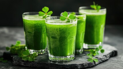Poster - Clear glasses of fresh green juice with clover leaves, evoking a sense of wellness and nature in an organic setting.