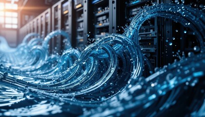 Poster - Digital Waves Flowing Through Server Room with High-Tech Background
