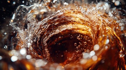 Poster - Cola swirling in a dynamic vortex motion, with fizzy bubbles and sparkling highlights, creating an intense and dramatic effect against a dark backdrop