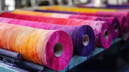 Poster - Colorful fabric rolls in shades of vibrant dye being processed in an industrial textile factory, showcasing the vibrant dyeing process