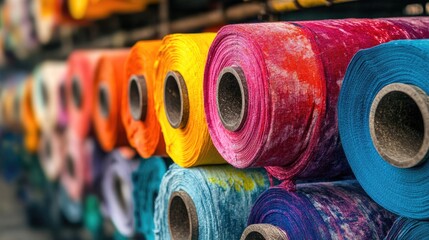 Poster - Colorful fabric rolls in shades of vibrant dye being processed in an industrial textile factory, showcasing the vibrant dyeing process