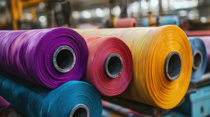 Poster - Colorful fabric rolls in shades of vibrant dye being processed in an industrial textile factory, showcasing the vibrant dyeing process