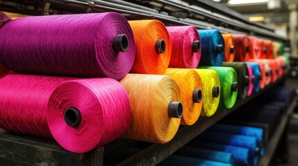 Poster - Colorful fabric rolls in shades of vibrant dye being processed in an industrial textile factory, showcasing the vibrant dyeing process