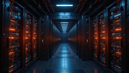 Poster - Futuristic Data Center Aisle with Illuminated Server Racks