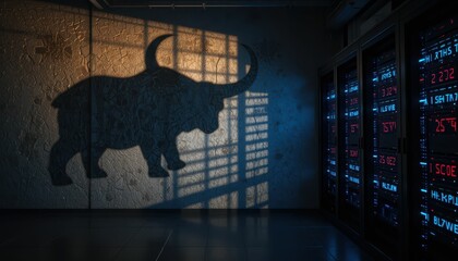 Poster - Shadow of a Bull Against Stock Market Data on Wall in a Room