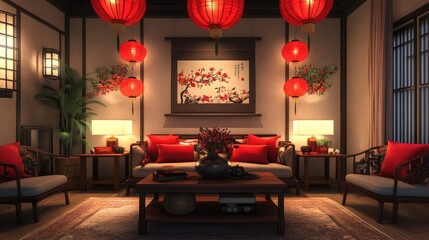 Poster - Festive living room adorned with red angpao lanterns, Chinese New Year decorations, and other traditional elements, creating a lively holiday atmosphere.