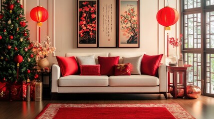 Poster - Festive living room adorned with red angpao lanterns, Chinese New Year decorations, and other traditional elements, creating a lively holiday atmosphere.
