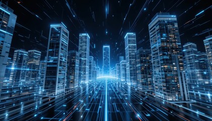 Poster - Futuristic Cityscape with Neon Lights and Digital Effects